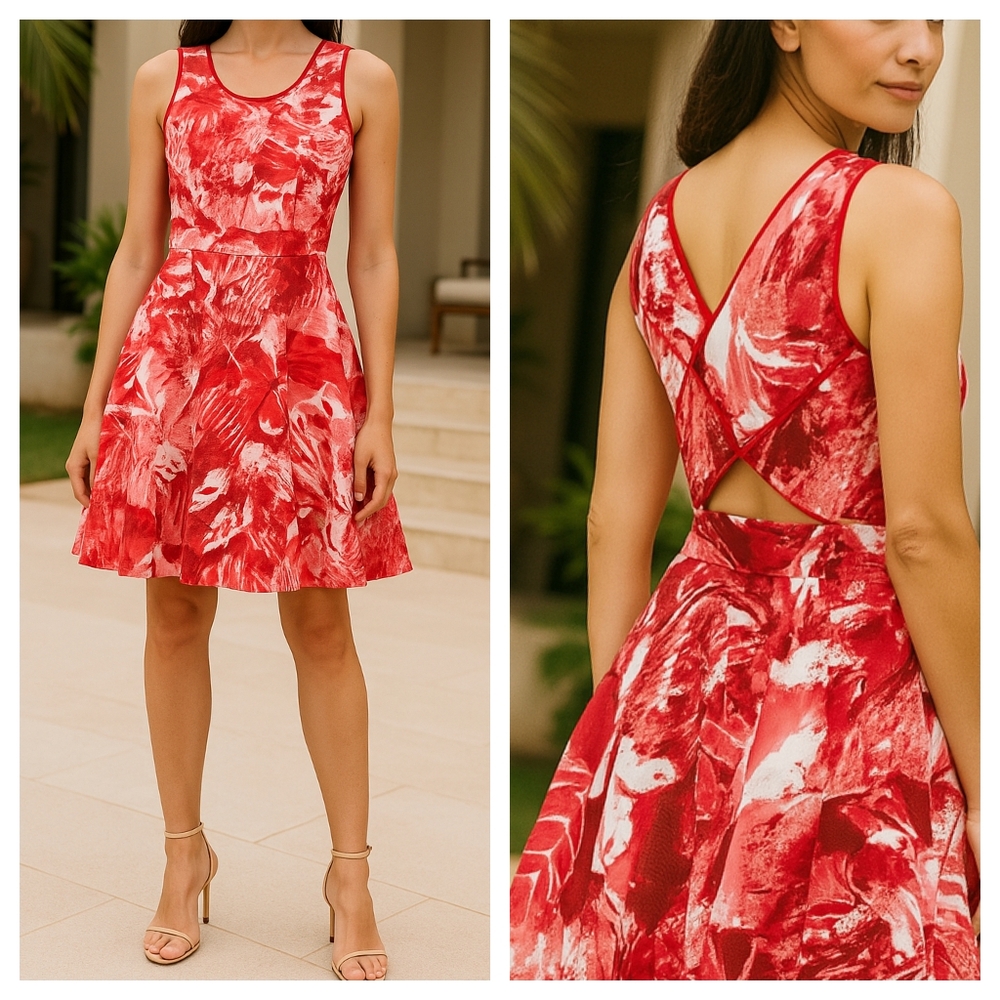NEW Etcetera Red Floral Cotton Cut Out Mini White Dress XS 2